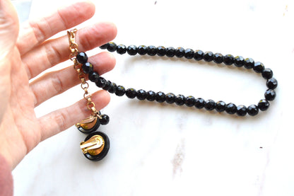 Vintage 1950s French Jet Glass Jewelry Set | 16.5" Faceted Black Bead Necklace & 1" Button Clip-On Earrings | Mid-Century Demi Parure