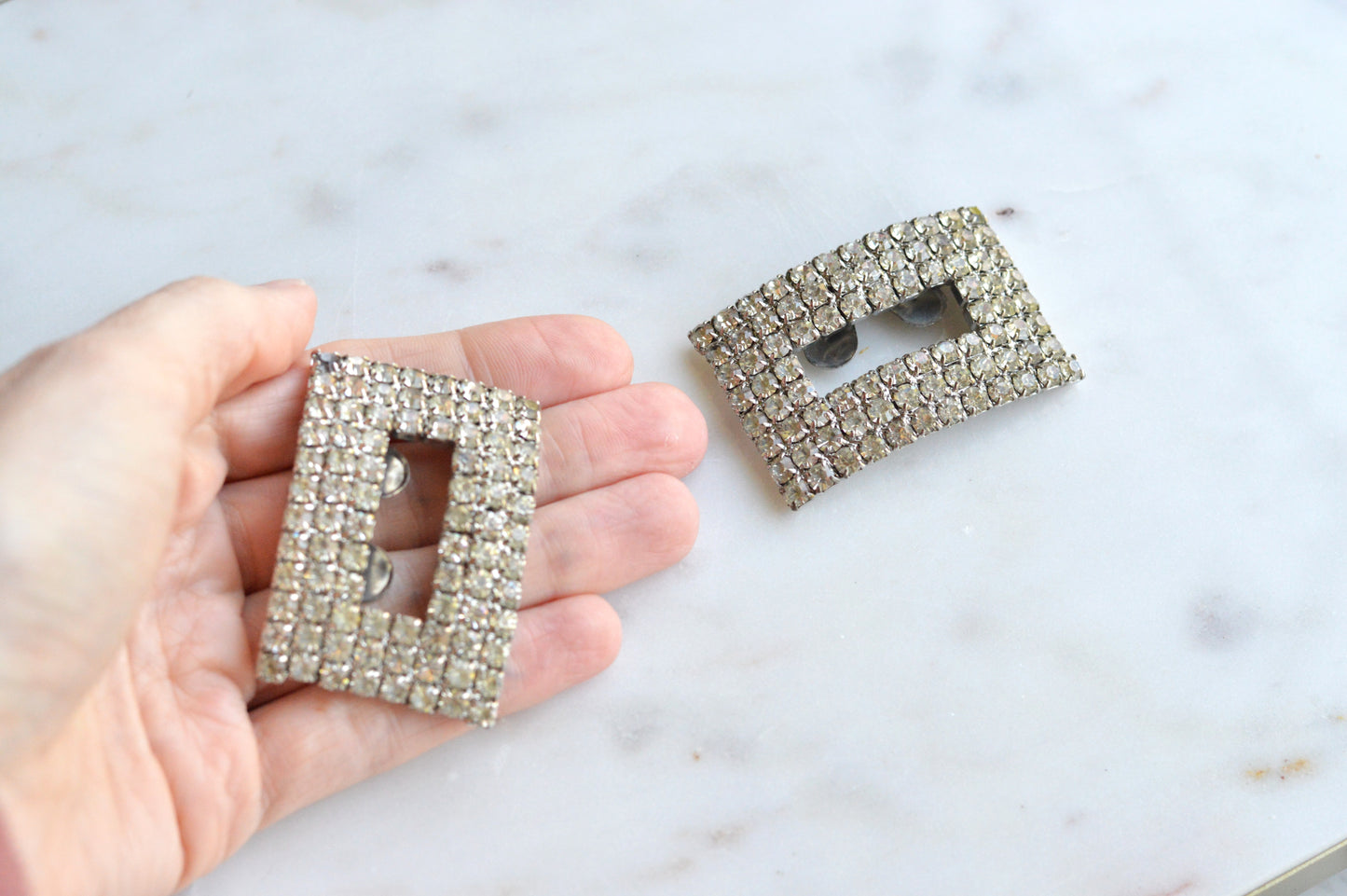 Signed MUSI Large Art Deco Rhinestone Shoe Clips – Clear Crystal Pavé Buckle Clips – Signed Mid Century Bridal or Evening Accessories