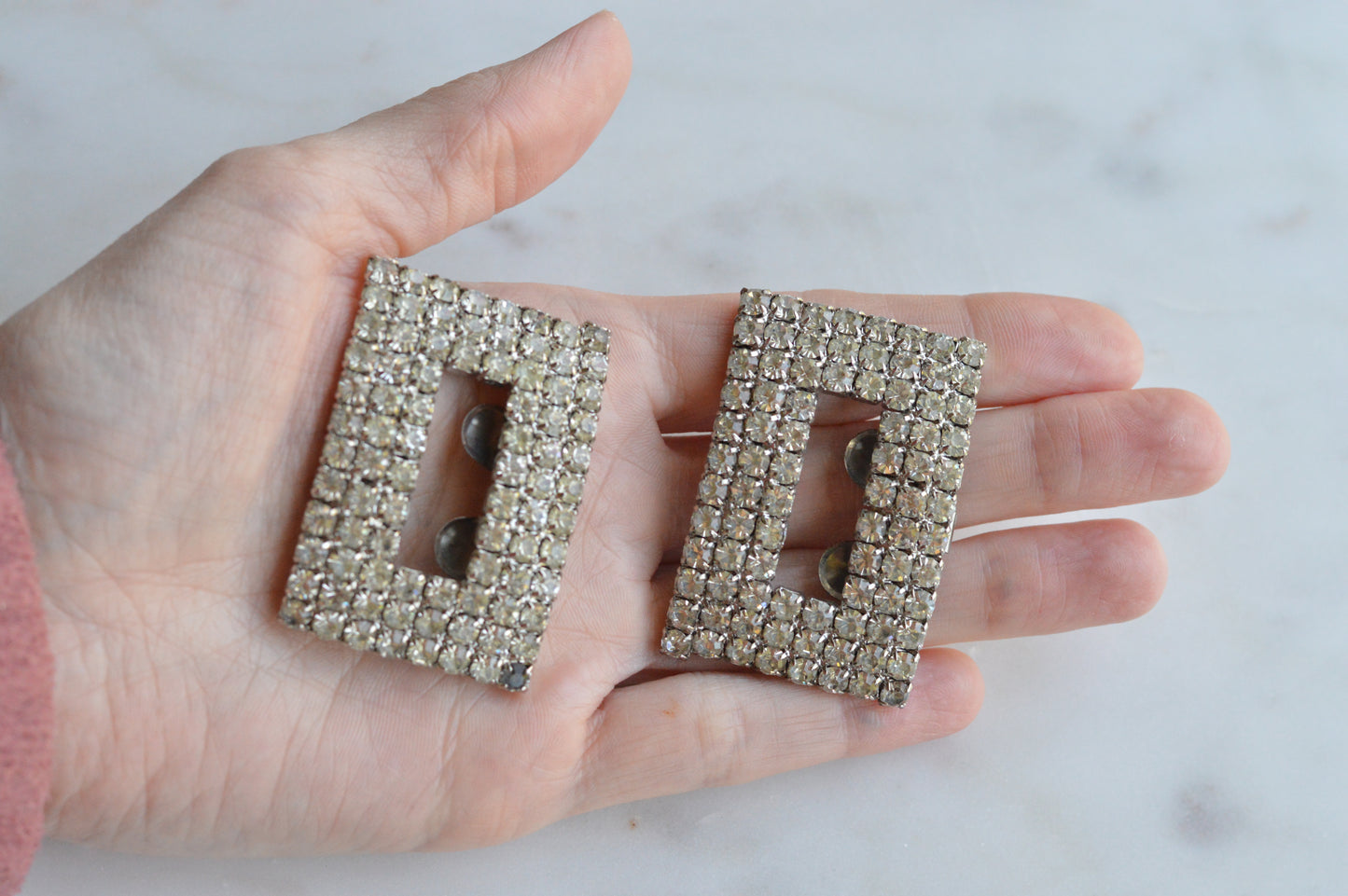 Signed MUSI Large Art Deco Rhinestone Shoe Clips – Clear Crystal Pavé Buckle Clips – Signed Mid Century Bridal or Evening Accessories