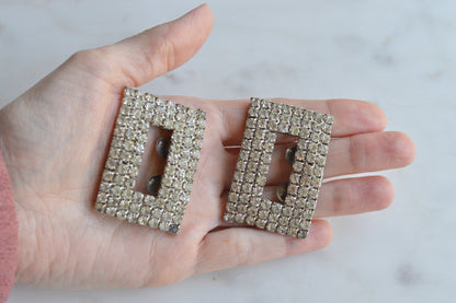 Signed MUSI Large Art Deco Rhinestone Shoe Clips – Clear Crystal Pavé Buckle Clips – Signed Mid Century Bridal or Evening Accessories