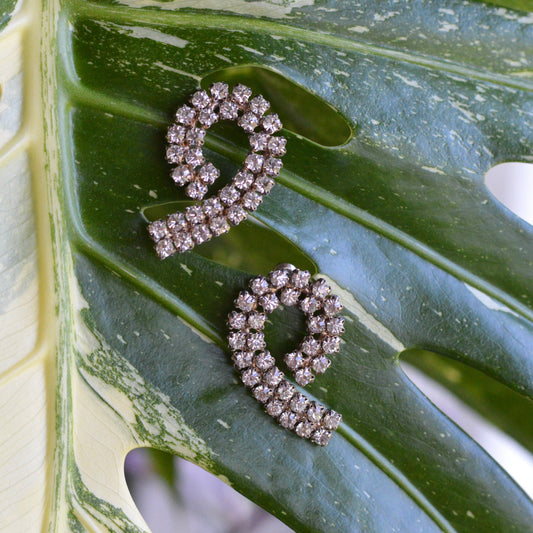 Large Vintage 1970's Rhinestone Swirl Pierced Earrings | Silver Tone Double Row Spiral Studs | Crystal Mid-Century Glamour