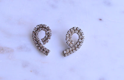 Large Vintage 1970's Rhinestone Swirl Pierced Earrings | Silver Tone Double Row Spiral Studs | Crystal Mid-Century Glamour