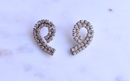 Large Vintage 1970's Rhinestone Swirl Pierced Earrings | Silver Tone Double Row Spiral Studs | Crystal Mid-Century Glamour