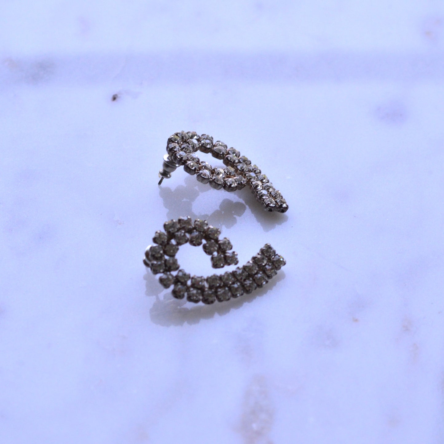 Large Vintage 1970's Rhinestone Swirl Pierced Earrings | Silver Tone Double Row Spiral Studs | Crystal Mid-Century Glamour