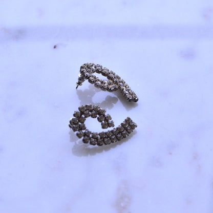 Large Vintage 1970's Rhinestone Swirl Pierced Earrings | Silver Tone Double Row Spiral Studs | Crystal Mid-Century Glamour