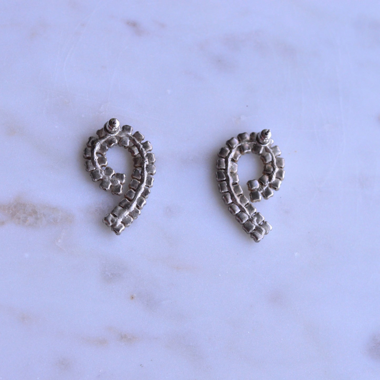 Large Vintage 1970's Rhinestone Swirl Pierced Earrings | Silver Tone Double Row Spiral Studs | Crystal Mid-Century Glamour