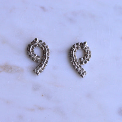 Large Vintage 1970's Rhinestone Swirl Pierced Earrings | Silver Tone Double Row Spiral Studs | Crystal Mid-Century Glamour