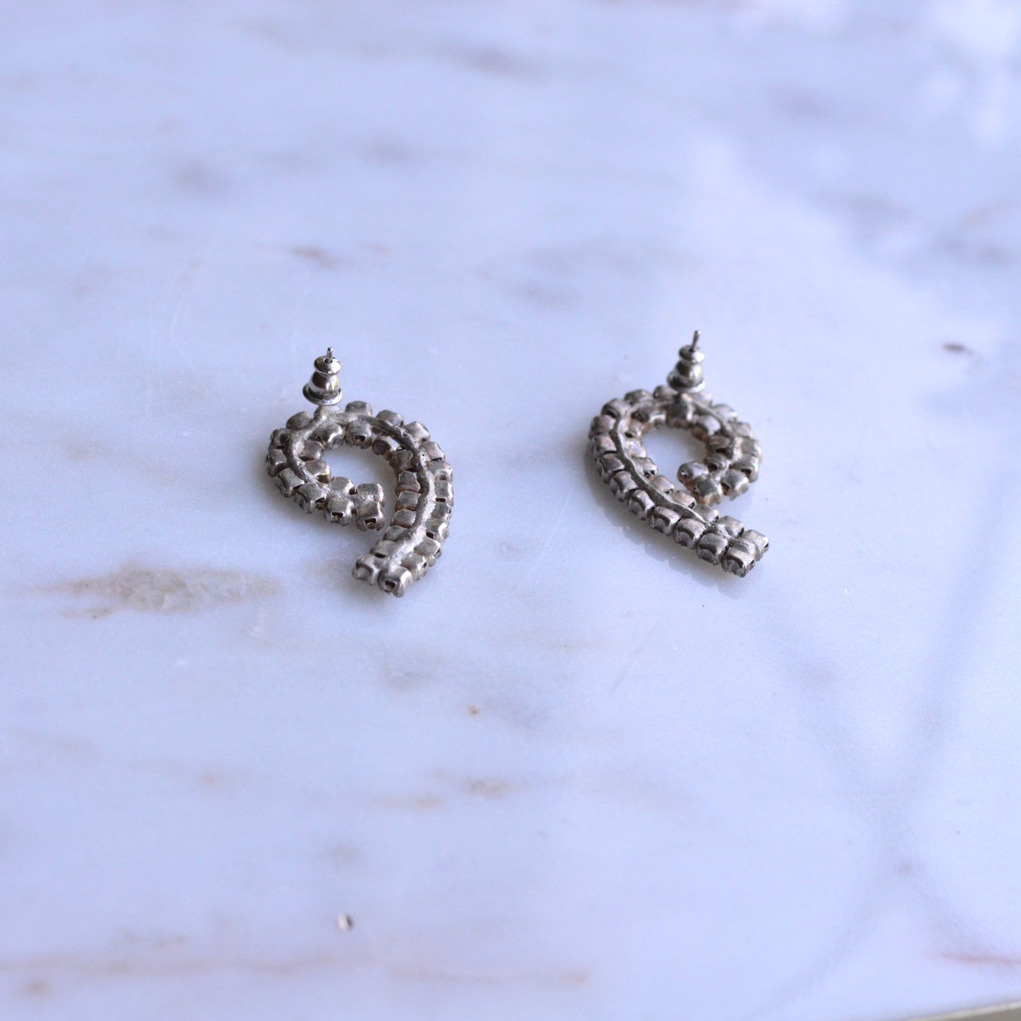 Large Vintage 1970's Rhinestone Swirl Pierced Earrings | Silver Tone Double Row Spiral Studs | Crystal Mid-Century Glamour