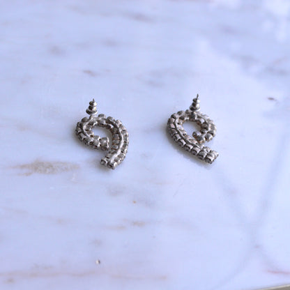 Large Vintage 1970's Rhinestone Swirl Pierced Earrings | Silver Tone Double Row Spiral Studs | Crystal Mid-Century Glamour