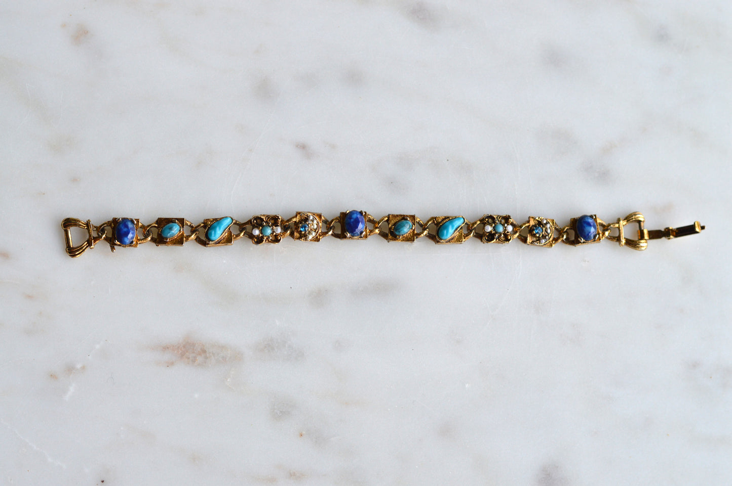 Signed LJM Laurentian Etruscan Revival Bracelet – Multi-Stone Faux Lapis, Turquoise & Seed Pearl – Vintage 1960s Mid-Century Signed Jewelry