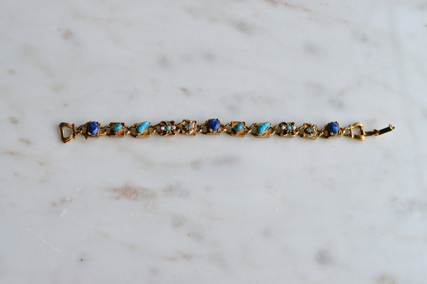 Signed LJM Laurentian Etruscan Revival Bracelet – Multi-Stone Faux Lapis, Turquoise & Seed Pearl – Vintage 1960s Mid-Century Signed Jewelry