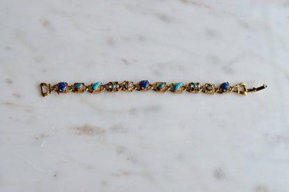 Signed LJM Laurentian Etruscan Revival Bracelet – Multi-Stone Faux Lapis, Turquoise & Seed Pearl – Vintage 1960s Mid-Century Signed Jewelry
