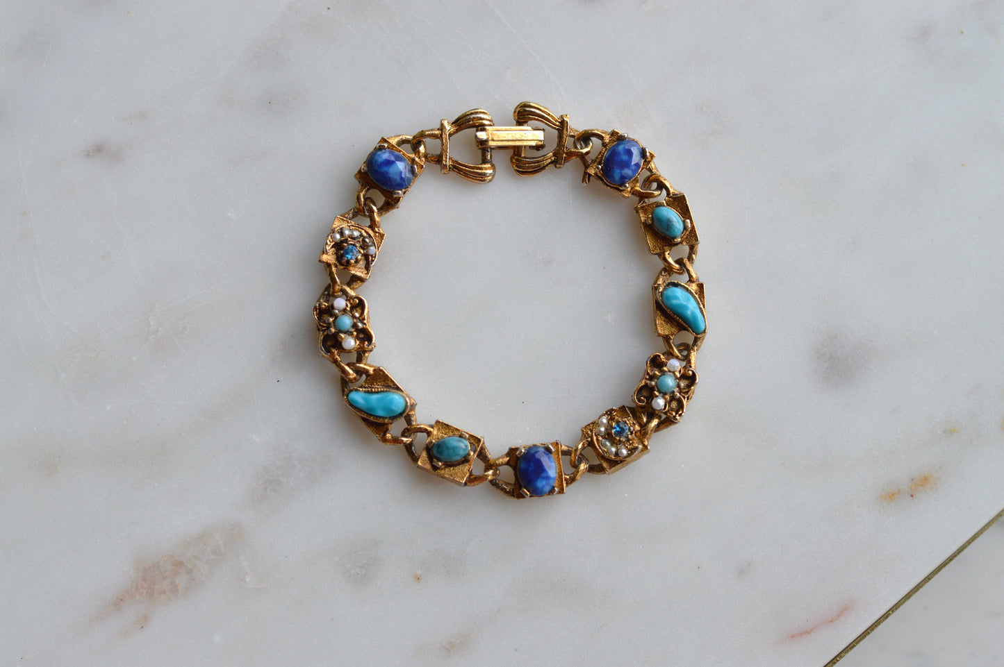 Signed LJM Laurentian Etruscan Revival Bracelet – Multi-Stone Faux Lapis, Turquoise & Seed Pearl – Vintage 1960s Mid-Century Signed Jewelry