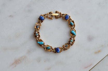 Signed LJM Laurentian Etruscan Revival Bracelet – Multi-Stone Faux Lapis, Turquoise & Seed Pearl – Vintage 1960s Mid-Century Signed Jewelry