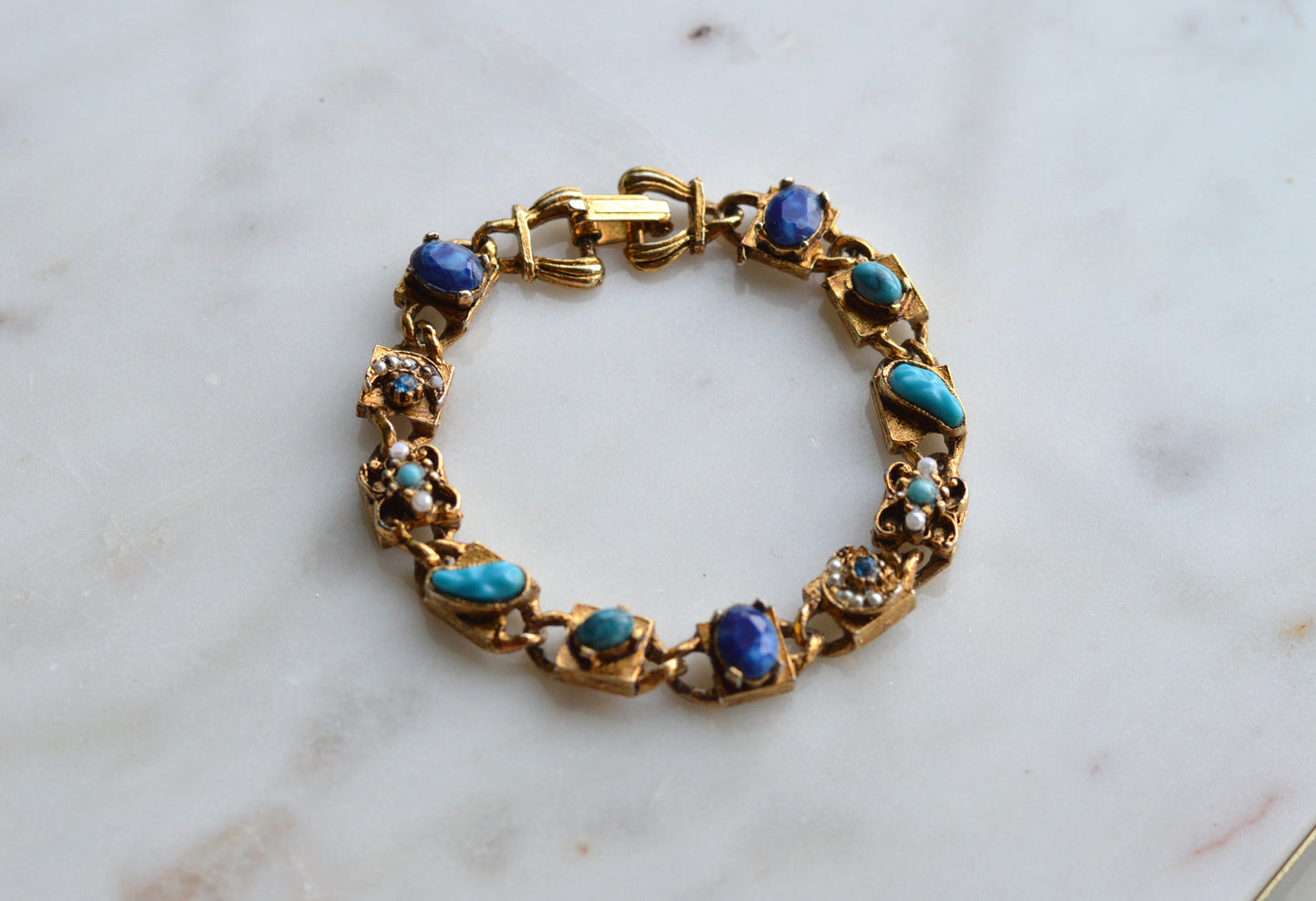 Signed LJM Laurentian Etruscan Revival Bracelet – Multi-Stone Faux Lapis, Turquoise & Seed Pearl – Vintage 1960s Mid-Century Signed Jewelry