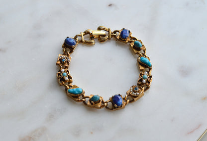 Signed LJM Laurentian Etruscan Revival Bracelet – Multi-Stone Faux Lapis, Turquoise & Seed Pearl – Vintage 1960s Mid-Century Signed Jewelry
