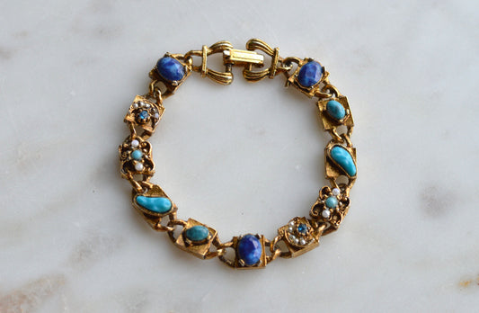 Signed LJM Laurentian Etruscan Revival Bracelet – Multi-Stone Faux Lapis, Turquoise & Seed Pearl – Vintage 1960s Mid-Century Signed Jewelry