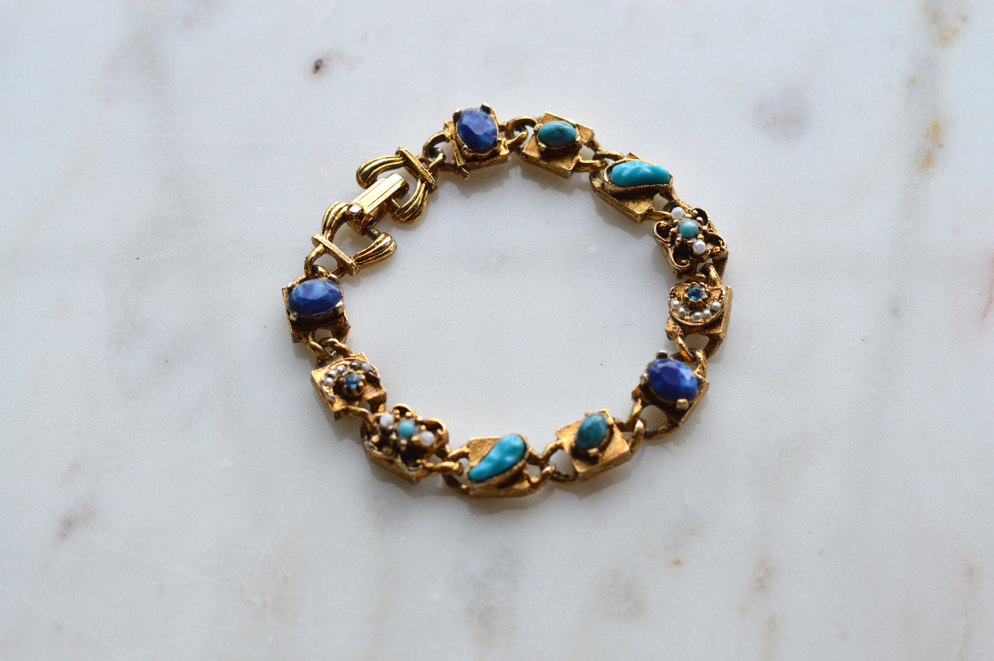 Signed LJM Laurentian Etruscan Revival Bracelet – Multi-Stone Faux Lapis, Turquoise & Seed Pearl – Vintage 1960s Mid-Century Signed Jewelry
