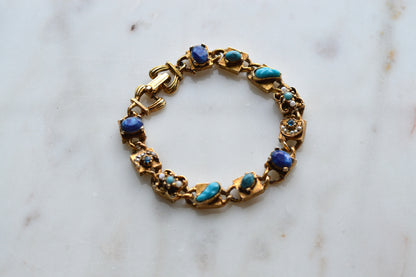 Signed LJM Laurentian Etruscan Revival Bracelet – Multi-Stone Faux Lapis, Turquoise & Seed Pearl – Vintage 1960s Mid-Century Signed Jewelry