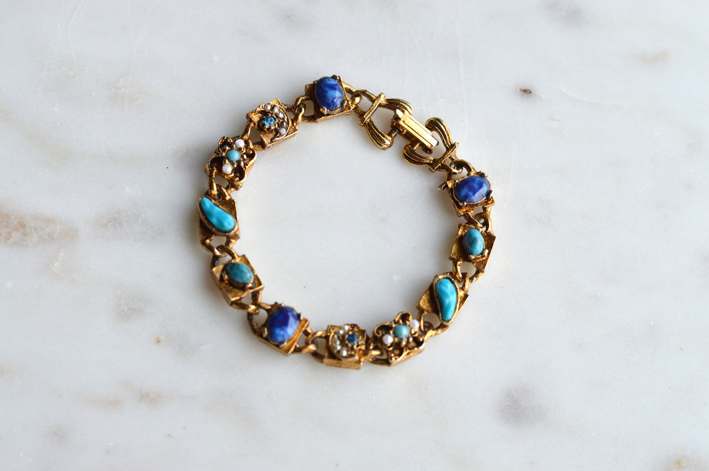 Signed LJM Laurentian Etruscan Revival Bracelet – Multi-Stone Faux Lapis, Turquoise & Seed Pearl – Vintage 1960s Mid-Century Signed Jewelry