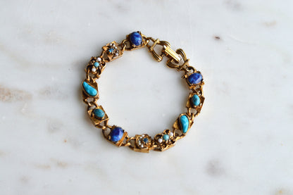 Signed LJM Laurentian Etruscan Revival Bracelet – Multi-Stone Faux Lapis, Turquoise & Seed Pearl – Vintage 1960s Mid-Century Signed Jewelry