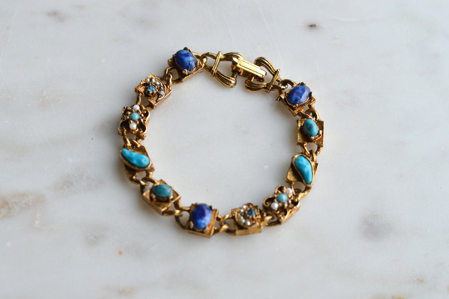 Signed LJM Laurentian Etruscan Revival Bracelet – Multi-Stone Faux Lapis, Turquoise & Seed Pearl – Vintage 1960s Mid-Century Signed Jewelry