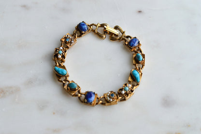 Signed LJM Laurentian Etruscan Revival Bracelet – Multi-Stone Faux Lapis, Turquoise & Seed Pearl – Vintage 1960s Mid-Century Signed Jewelry
