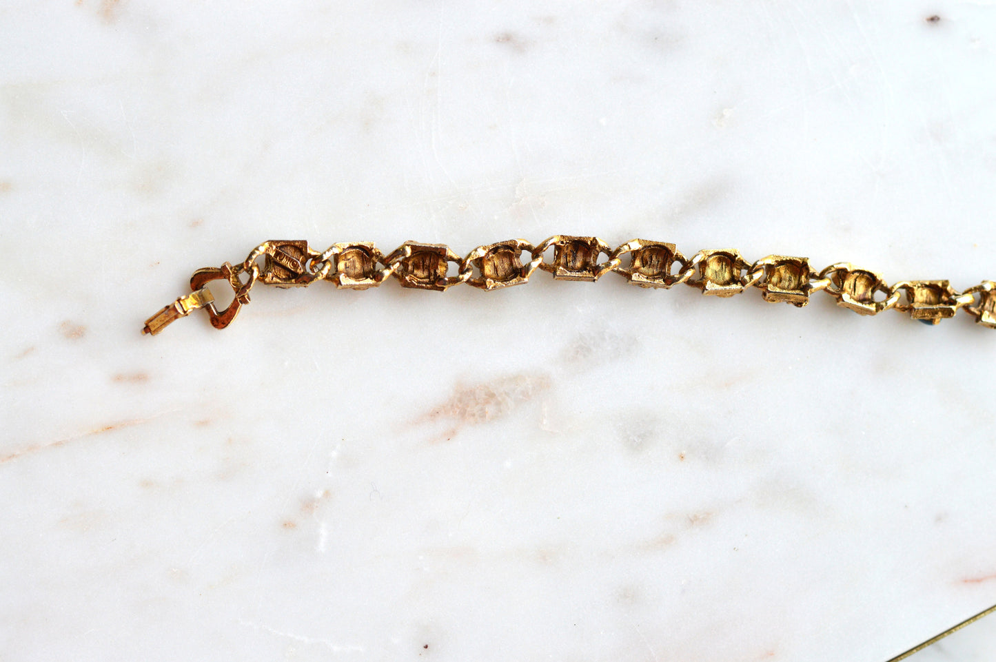 Signed LJM Laurentian Etruscan Revival Bracelet – Multi-Stone Faux Lapis, Turquoise & Seed Pearl – Vintage 1960s Mid-Century Signed Jewelry