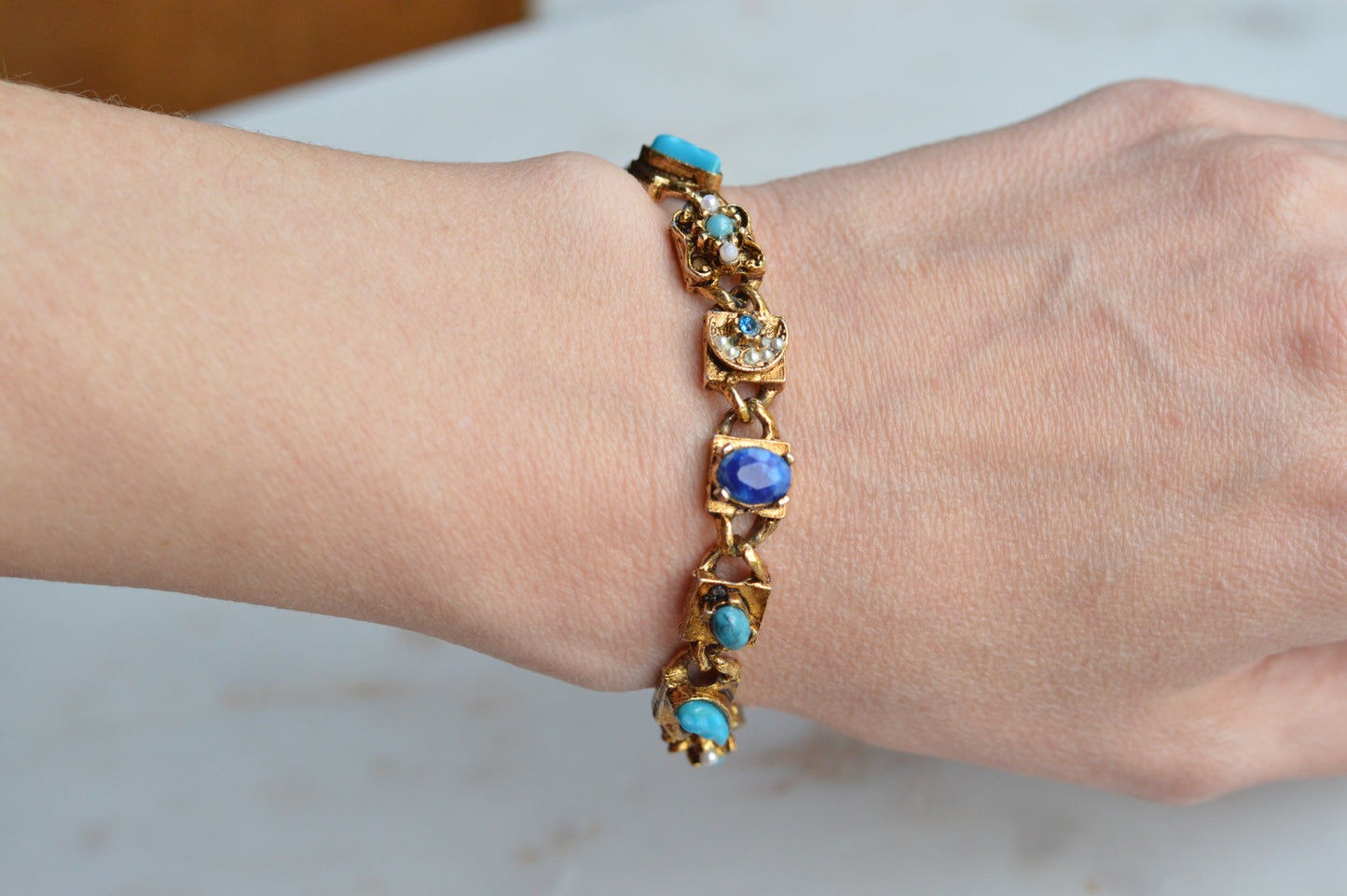 Signed LJM Laurentian Etruscan Revival Bracelet – Multi-Stone Faux Lapis, Turquoise & Seed Pearl – Vintage 1960s Mid-Century Signed Jewelry