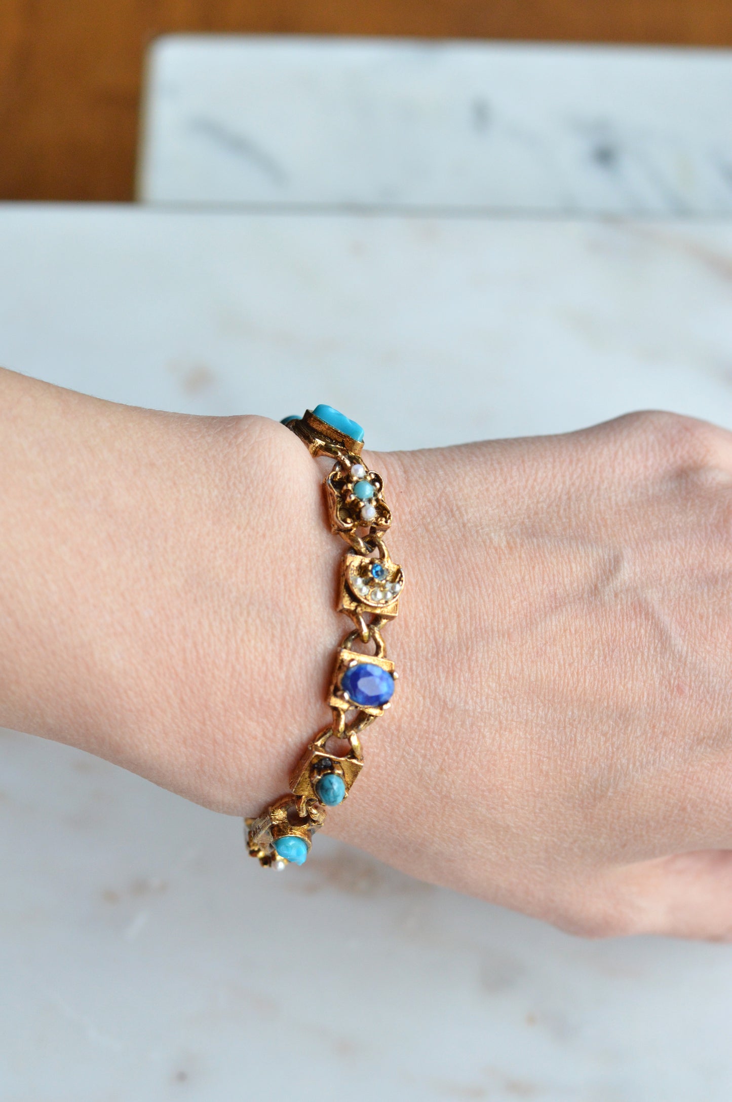 Signed LJM Laurentian Etruscan Revival Bracelet – Multi-Stone Faux Lapis, Turquoise & Seed Pearl – Vintage 1960s Mid-Century Signed Jewelry