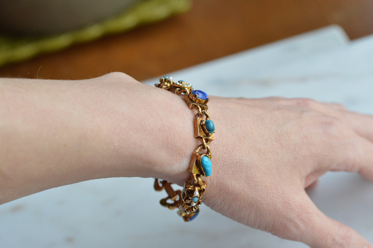Signed LJM Laurentian Etruscan Revival Bracelet – Multi-Stone Faux Lapis, Turquoise & Seed Pearl – Vintage 1960s Mid-Century Signed Jewelry