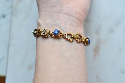 Signed LJM Laurentian Etruscan Revival Bracelet – Multi-Stone Faux Lapis, Turquoise & Seed Pearl – Vintage 1960s Mid-Century Signed Jewelry