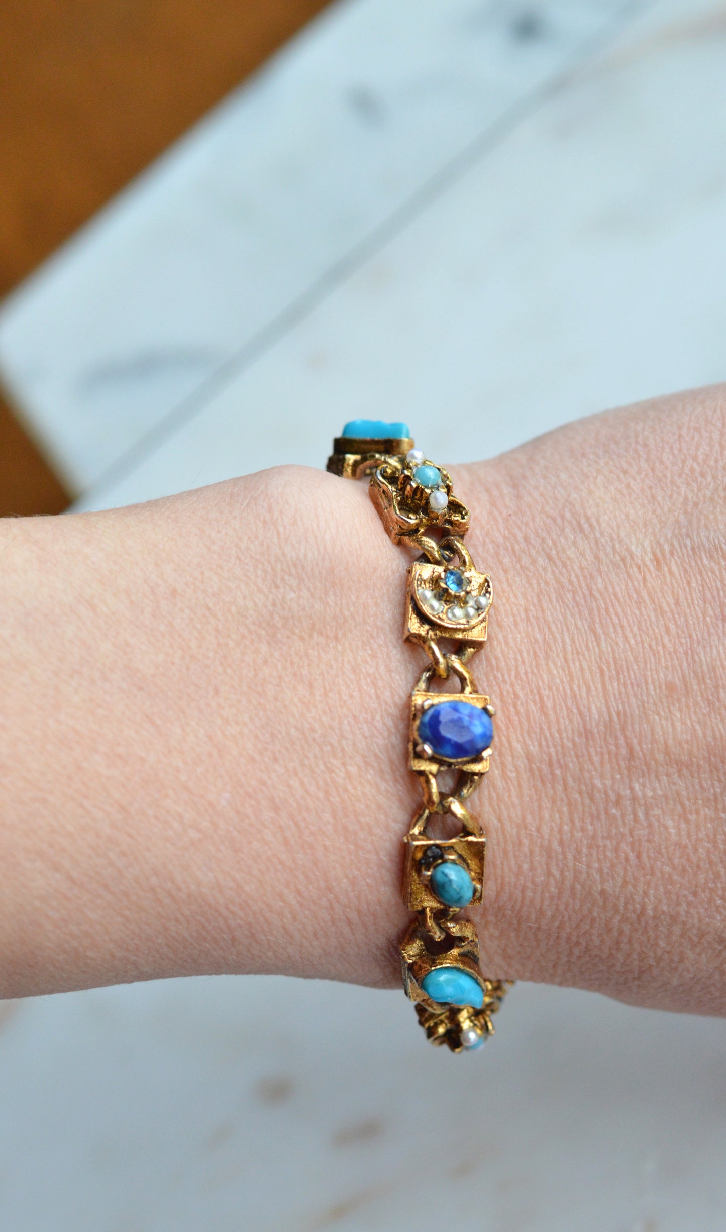 Signed LJM Laurentian Etruscan Revival Bracelet – Multi-Stone Faux Lapis, Turquoise & Seed Pearl – Vintage 1960s Mid-Century Signed Jewelry