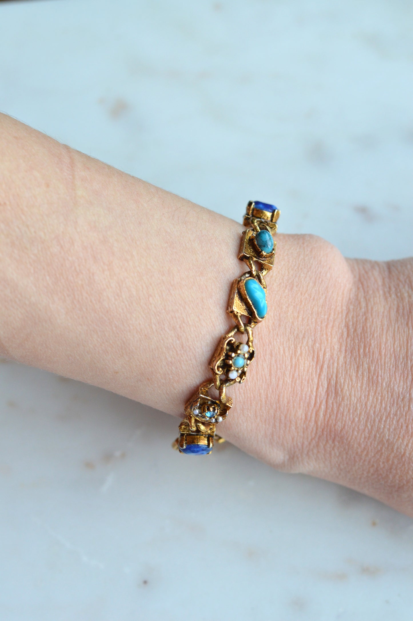Signed LJM Laurentian Etruscan Revival Bracelet – Multi-Stone Faux Lapis, Turquoise & Seed Pearl – Vintage 1960s Mid-Century Signed Jewelry