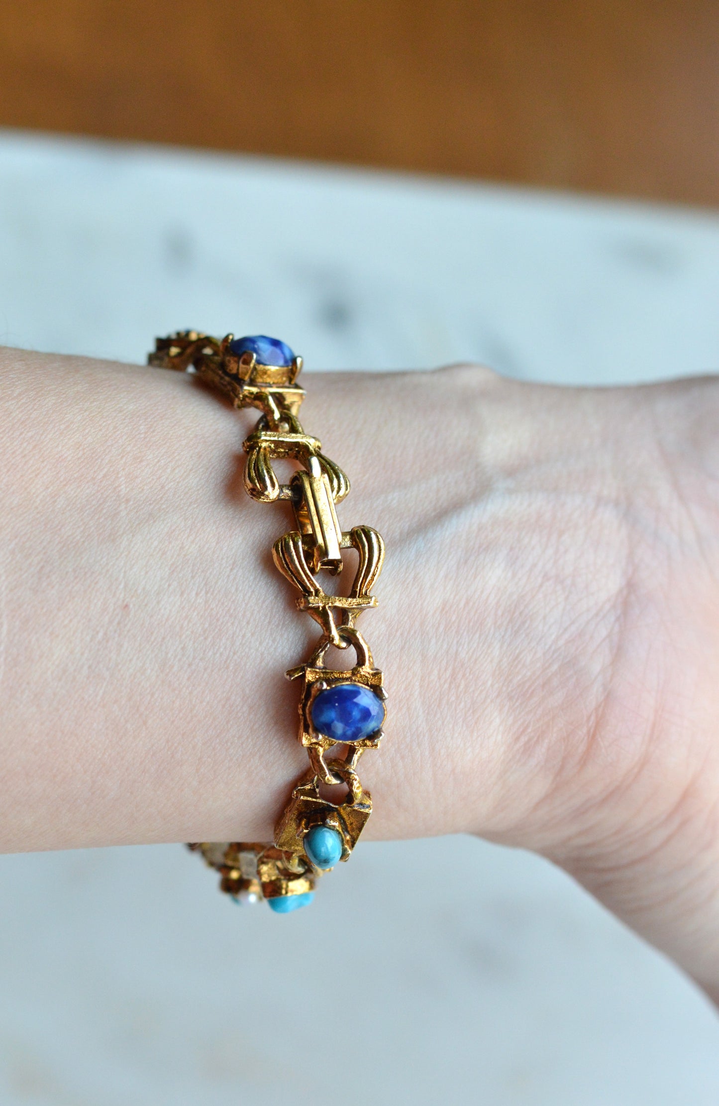 Signed LJM Laurentian Etruscan Revival Bracelet – Multi-Stone Faux Lapis, Turquoise & Seed Pearl – Vintage 1960s Mid-Century Signed Jewelry