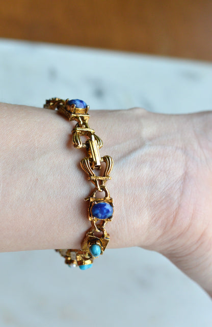 Signed LJM Laurentian Etruscan Revival Bracelet – Multi-Stone Faux Lapis, Turquoise & Seed Pearl – Vintage 1960s Mid-Century Signed Jewelry