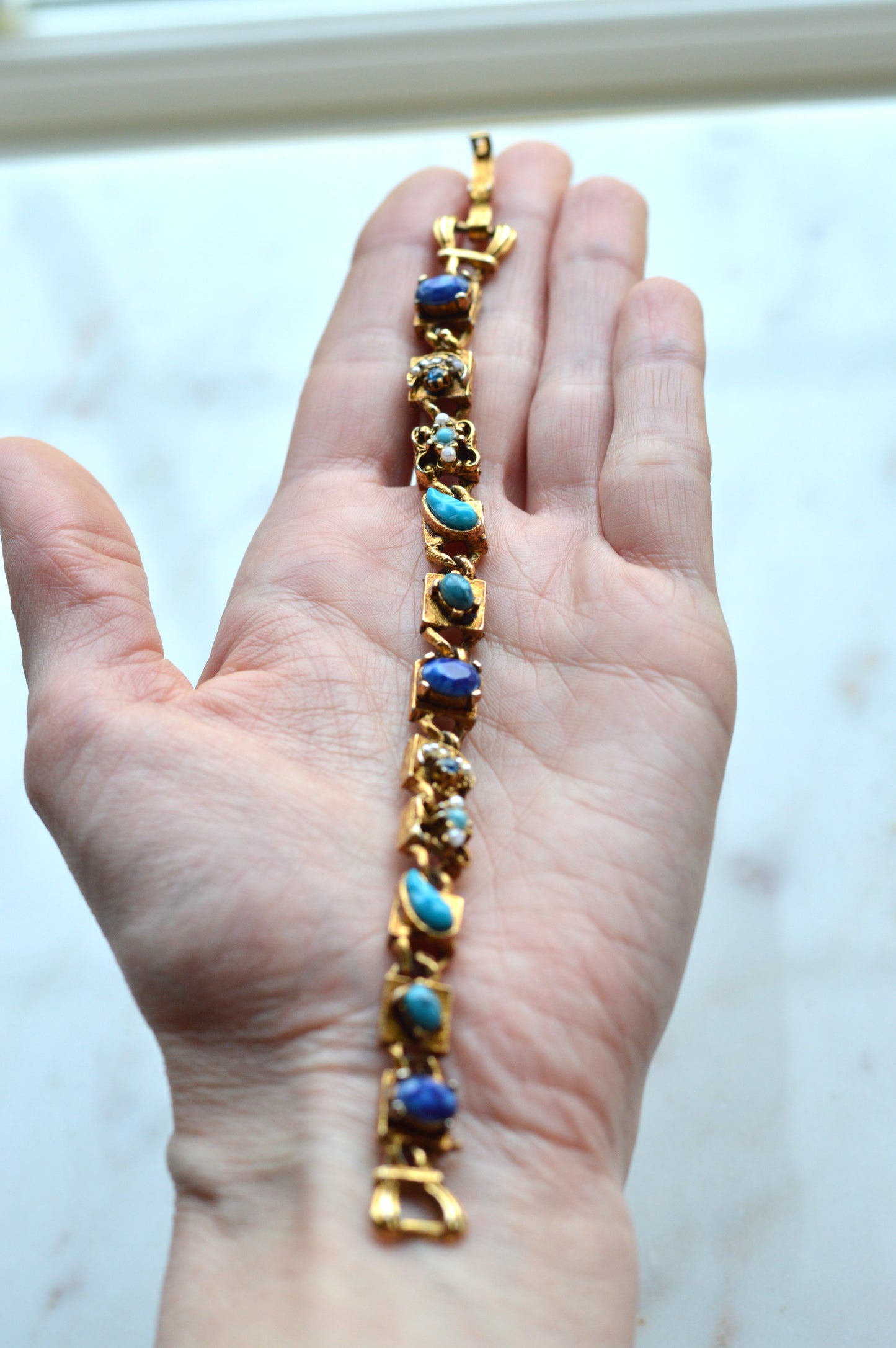Signed LJM Laurentian Etruscan Revival Bracelet – Multi-Stone Faux Lapis, Turquoise & Seed Pearl – Vintage 1960s Mid-Century Signed Jewelry