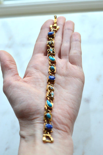 Signed LJM Laurentian Etruscan Revival Bracelet – Multi-Stone Faux Lapis, Turquoise & Seed Pearl – Vintage 1960s Mid-Century Signed Jewelry