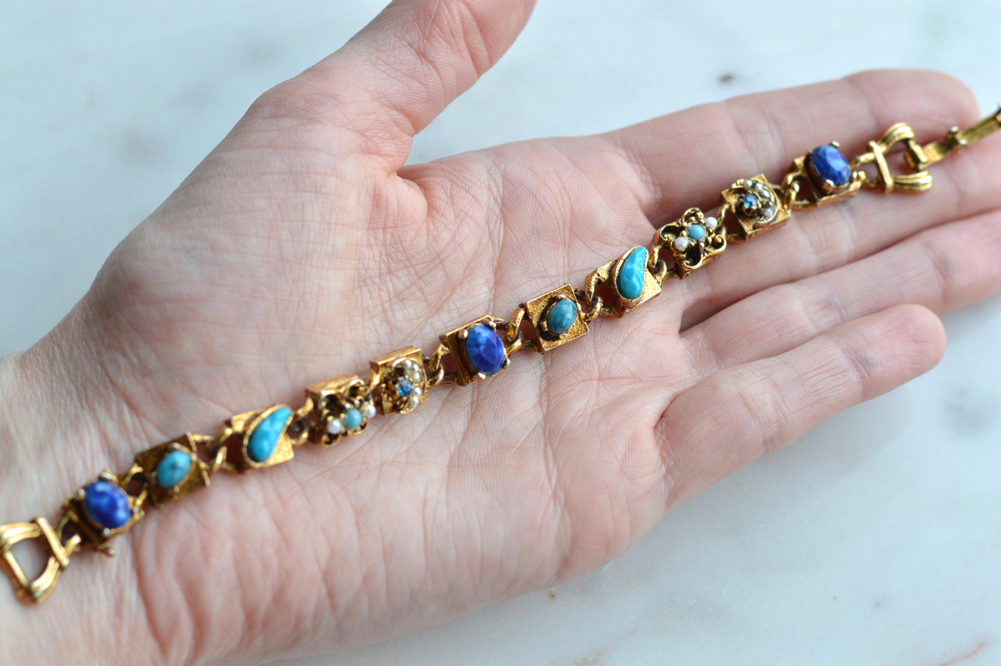Signed LJM Laurentian Etruscan Revival Bracelet – Multi-Stone Faux Lapis, Turquoise & Seed Pearl – Vintage 1960s Mid-Century Signed Jewelry
