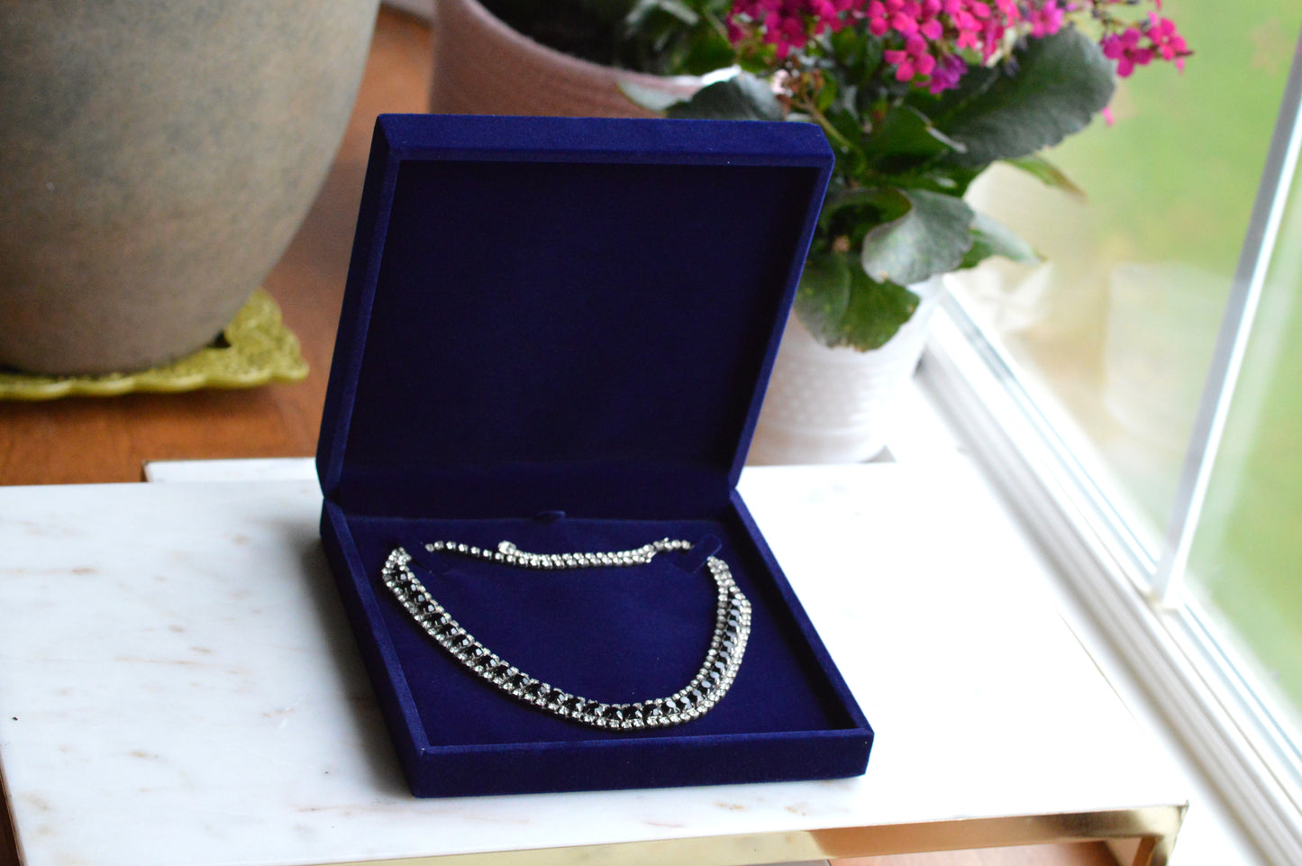 Vintage 1960s Black & Clear Rhinestone Statement Collar | Rhodium Plated Railtrack Necklace | Mid-Century Glamour | Adjustable Hook Closure