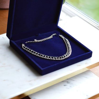 Vintage 1960s Black & Clear Rhinestone Statement Collar | Rhodium Plated Railtrack Necklace | Mid-Century Glamour | Adjustable Hook Closure
