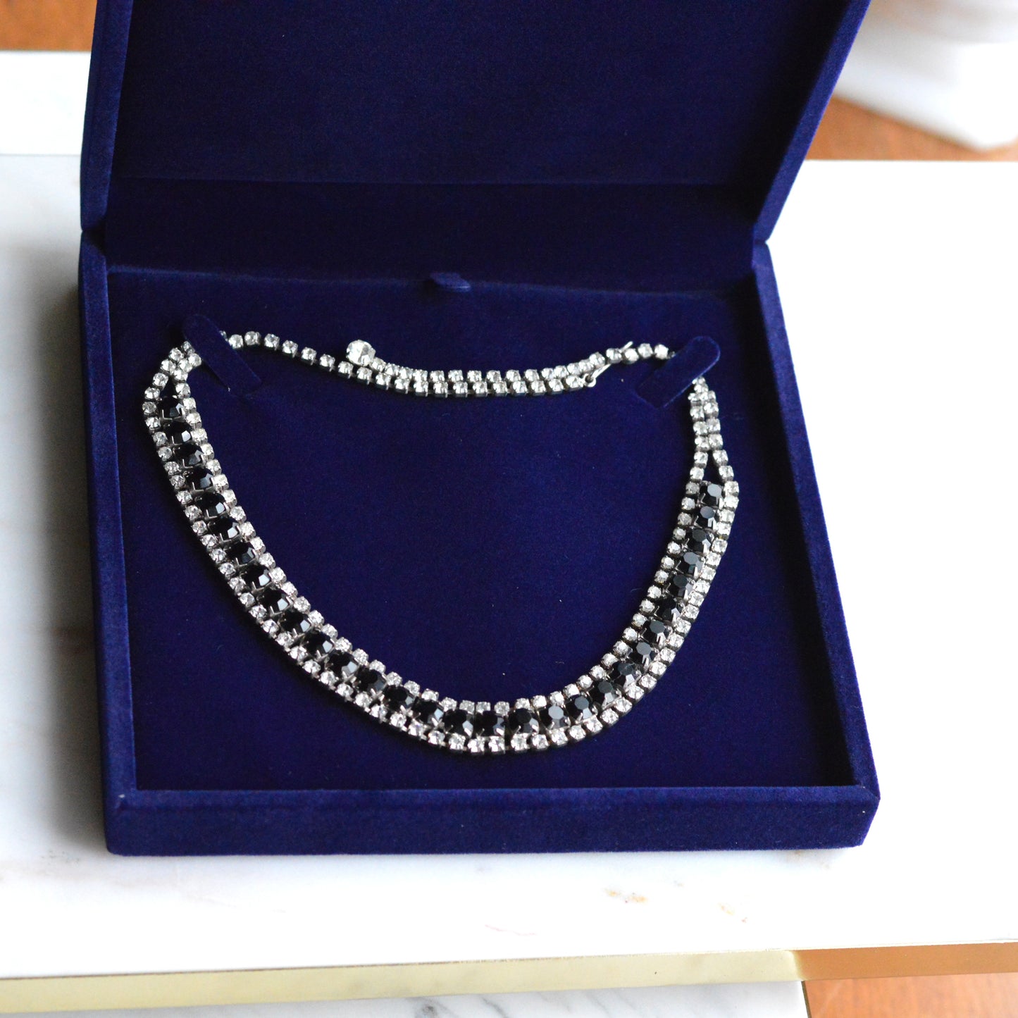 Vintage 1960s Black & Clear Rhinestone Statement Collar | Rhodium Plated Railtrack Necklace | Mid-Century Glamour | Adjustable Hook Closure