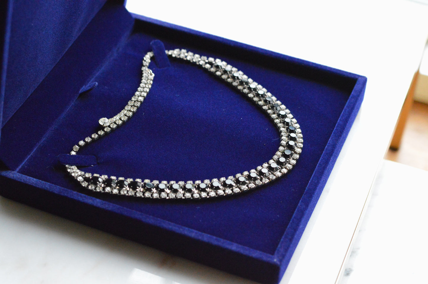 Vintage 1960s Black & Clear Rhinestone Statement Collar | Rhodium Plated Railtrack Necklace | Mid-Century Glamour | Adjustable Hook Closure