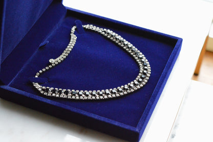 Vintage 1960s Black & Clear Rhinestone Statement Collar | Rhodium Plated Railtrack Necklace | Mid-Century Glamour | Adjustable Hook Closure