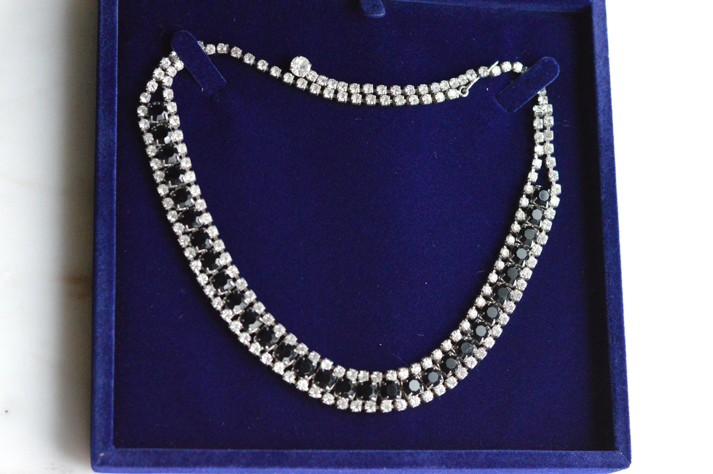 Vintage 1960s Black & Clear Rhinestone Statement Collar | Rhodium Plated Railtrack Necklace | Mid-Century Glamour | Adjustable Hook Closure