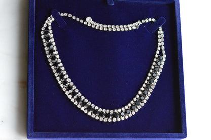 Vintage 1960s Black & Clear Rhinestone Statement Collar | Rhodium Plated Railtrack Necklace | Mid-Century Glamour | Adjustable Hook Closure