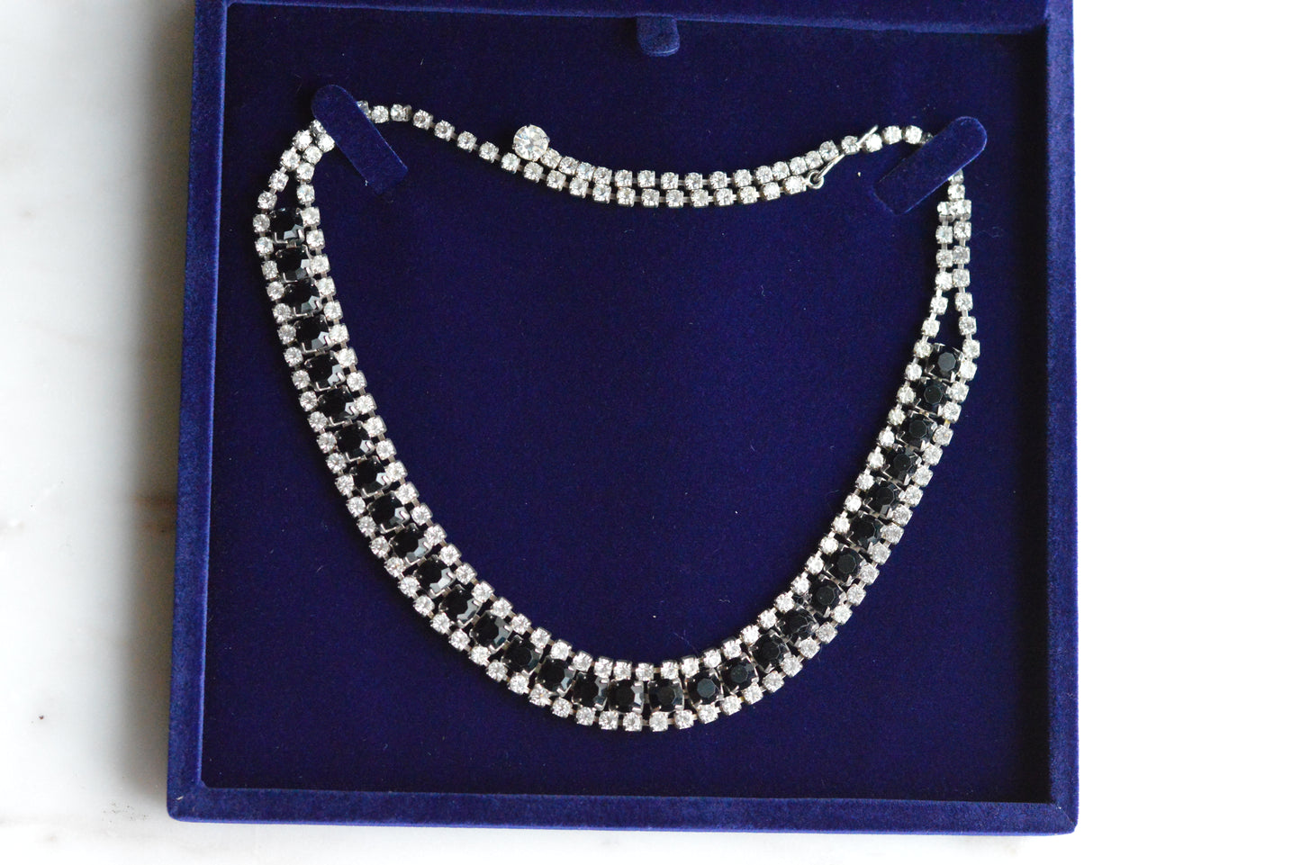Vintage 1960s Black & Clear Rhinestone Statement Collar | Rhodium Plated Railtrack Necklace | Mid-Century Glamour | Adjustable Hook Closure