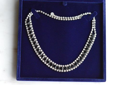Vintage 1960s Black & Clear Rhinestone Statement Collar | Rhodium Plated Railtrack Necklace | Mid-Century Glamour | Adjustable Hook Closure