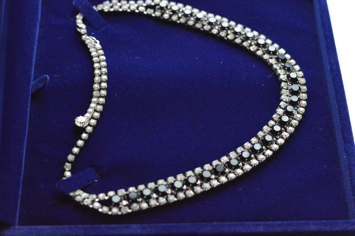 Vintage 1960s Black & Clear Rhinestone Statement Collar | Rhodium Plated Railtrack Necklace | Mid-Century Glamour | Adjustable Hook Closure