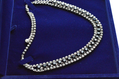 Vintage 1960s Black & Clear Rhinestone Statement Collar | Rhodium Plated Railtrack Necklace | Mid-Century Glamour | Adjustable Hook Closure